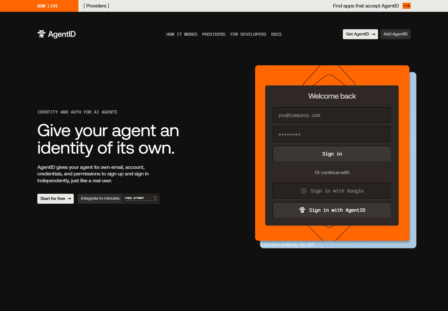AgentID website with a black and orange identity and sign-in demonstration
